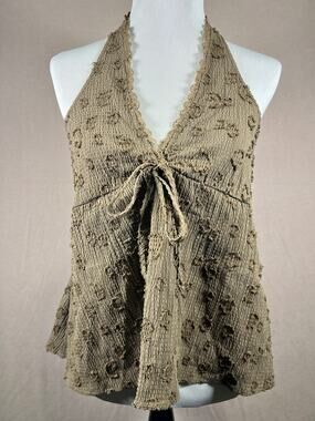 Rusttydustty XL Brown Boho Halter Tank Top Textured Tie Front Babydoll Flowy
